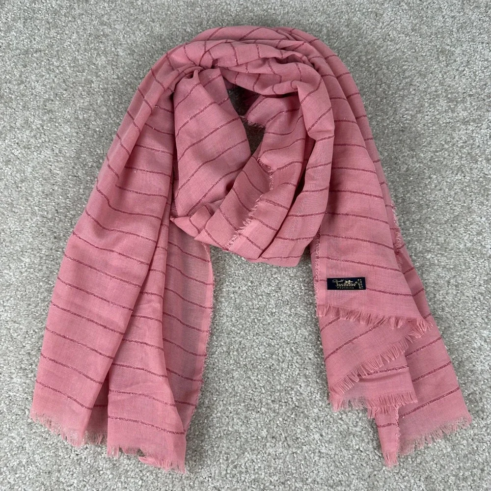 Jasmine Pashmina Scarf Rose Pink Metallic Striped Fringe Wrap Made in Turkey